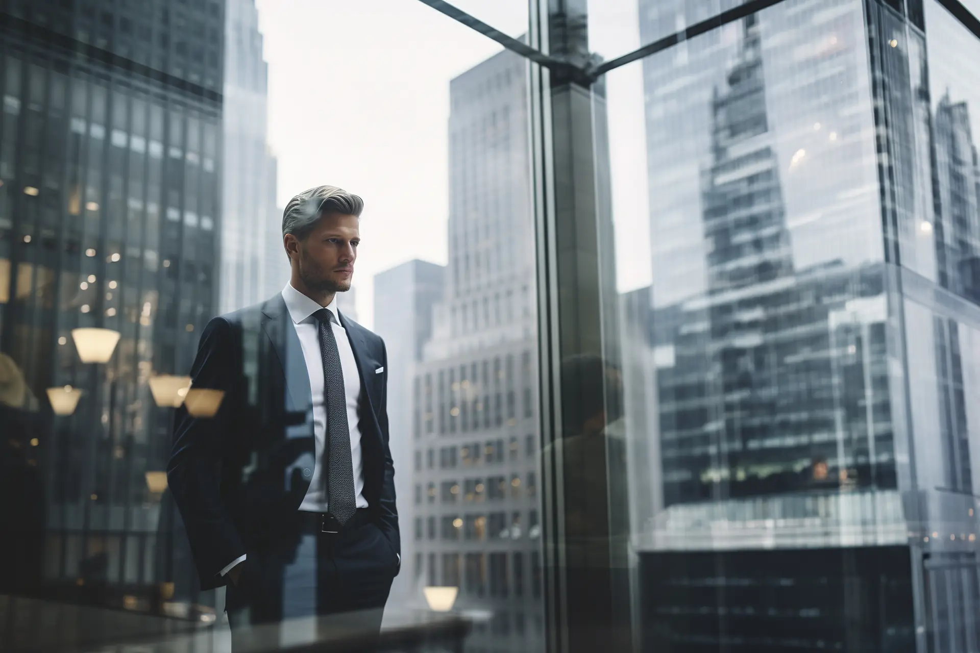 Consultor em escritório com vista para arranha-céus, representando a consultoria em análise de crédito