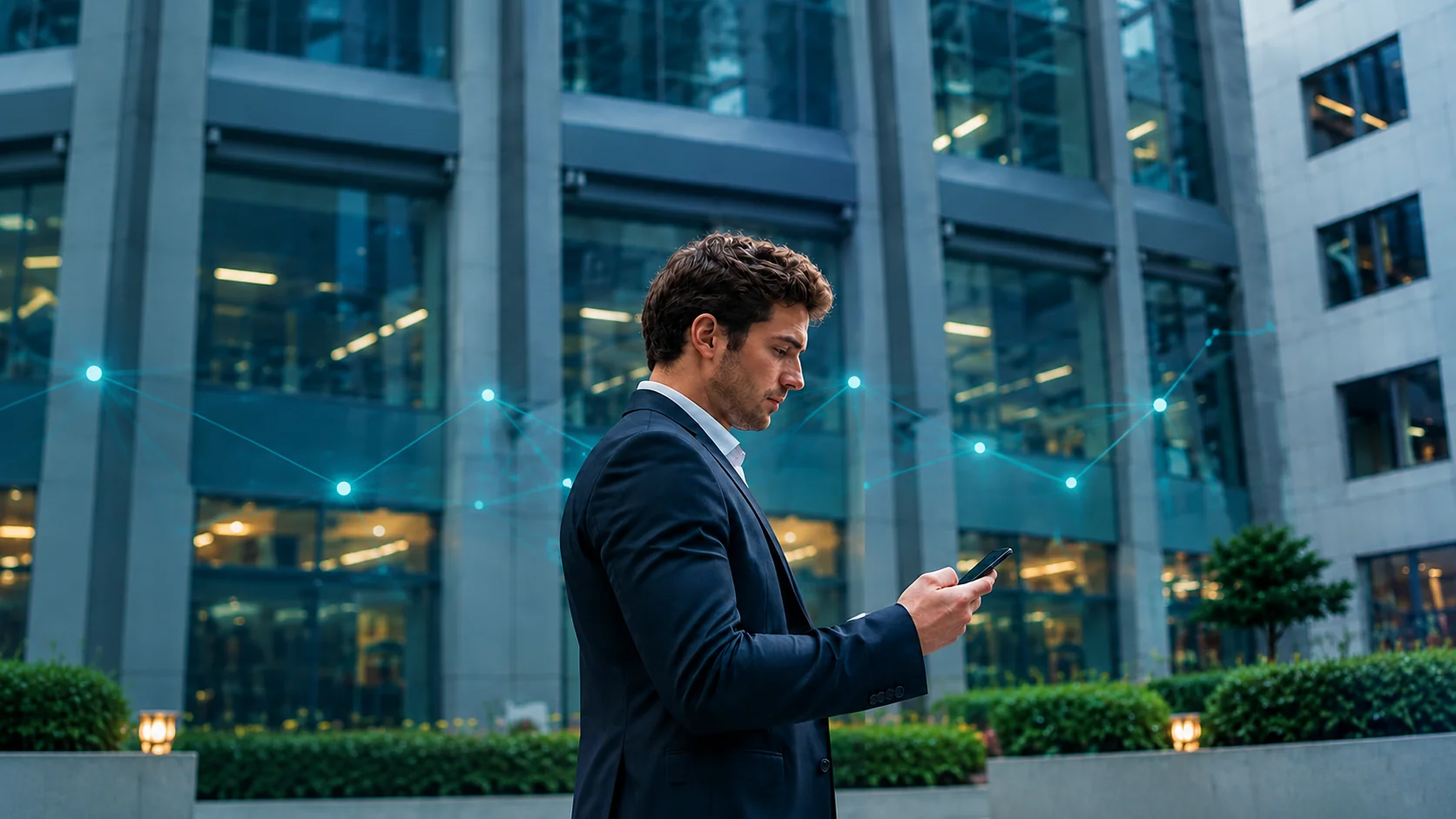 Executivo consultando o celular em centro empresarial, representando a análise de crédito e score