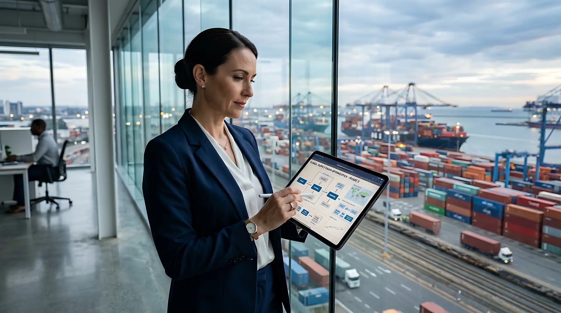 Executiva analisando dados em tablet com vista para porto de contêineres, representando crédito internacional